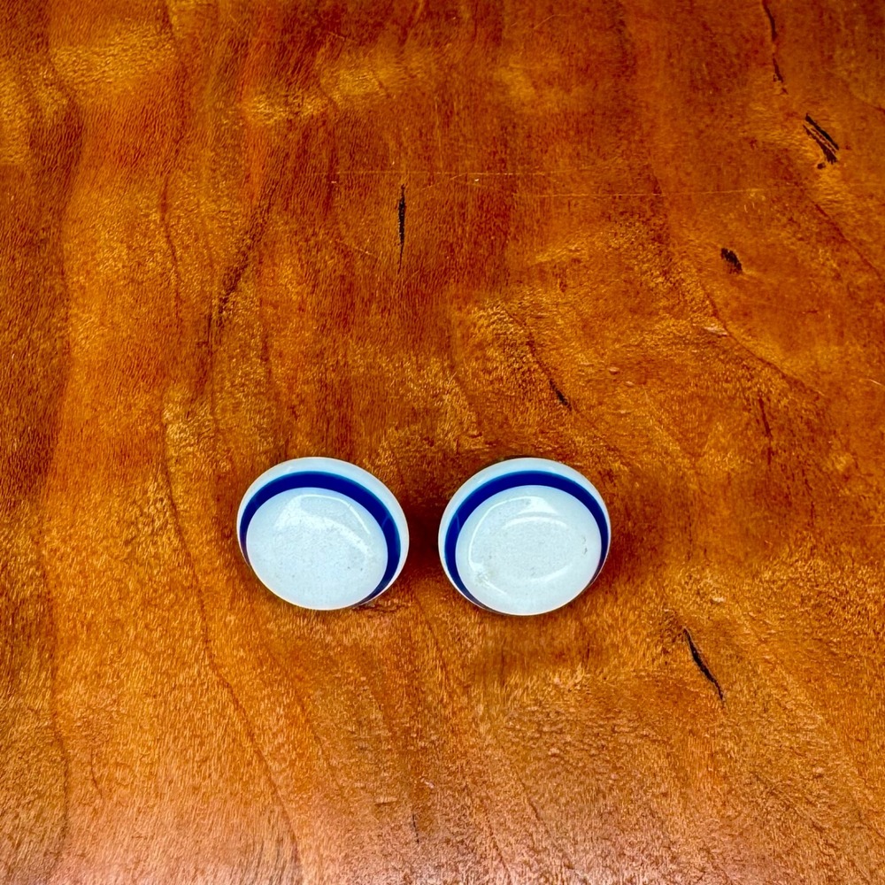 Vintage Round White Blue Stripe Enamel Stud Earrings Women's Fashion‎ Jewelry